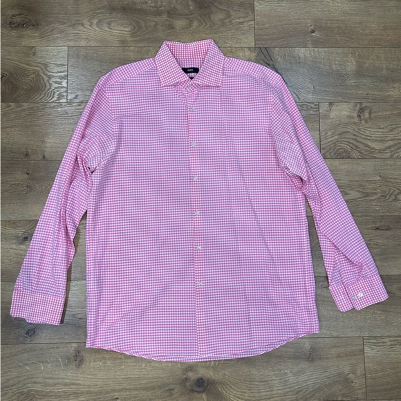 Boss Sharp Fit Pink/White Checked Collared Button Up - Size 17.5 34/35 - Picture 2 of 7